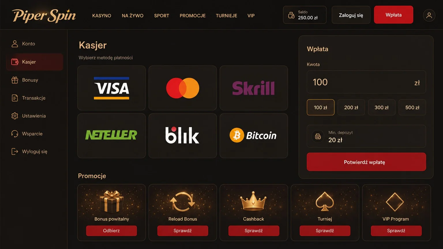 Metody płatności w casino PiperSpin: depozyty i wypłaty