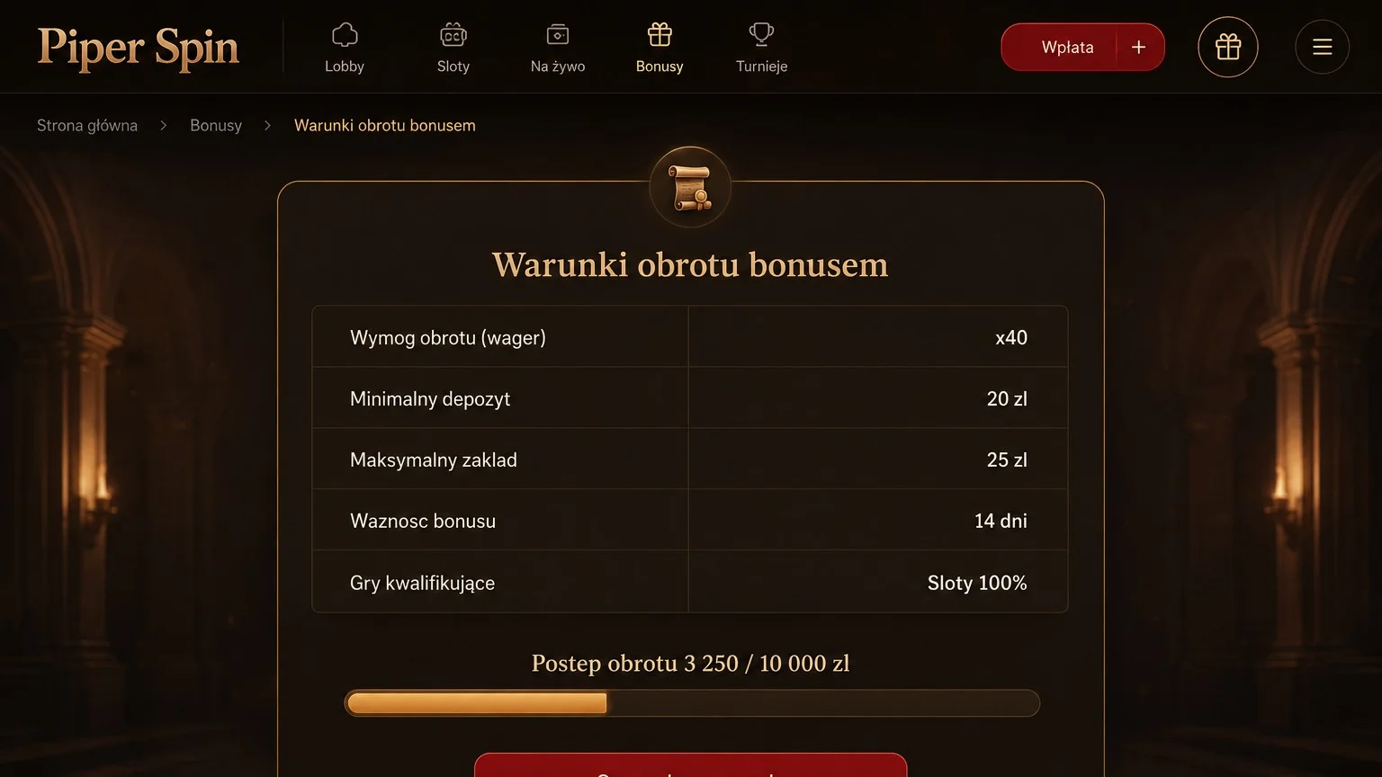 Piper Spin kod bonusowy – najważniejsze warunki obrotu bonusem (Wager)